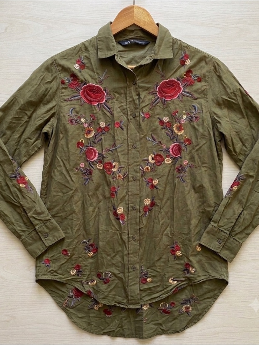 Zara floral embroidered button down shirt Green Size XS boho western festival - Picture 1 of 14